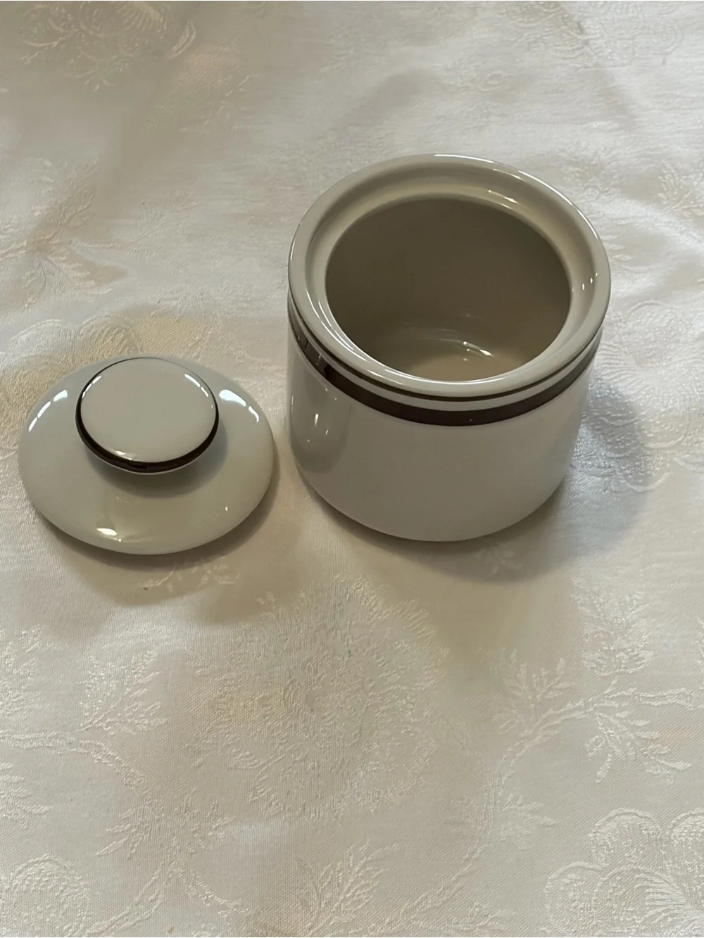 Vintage Orbit Stoneware 221 Sugar Bowl with Lid Brown Stripe Trim